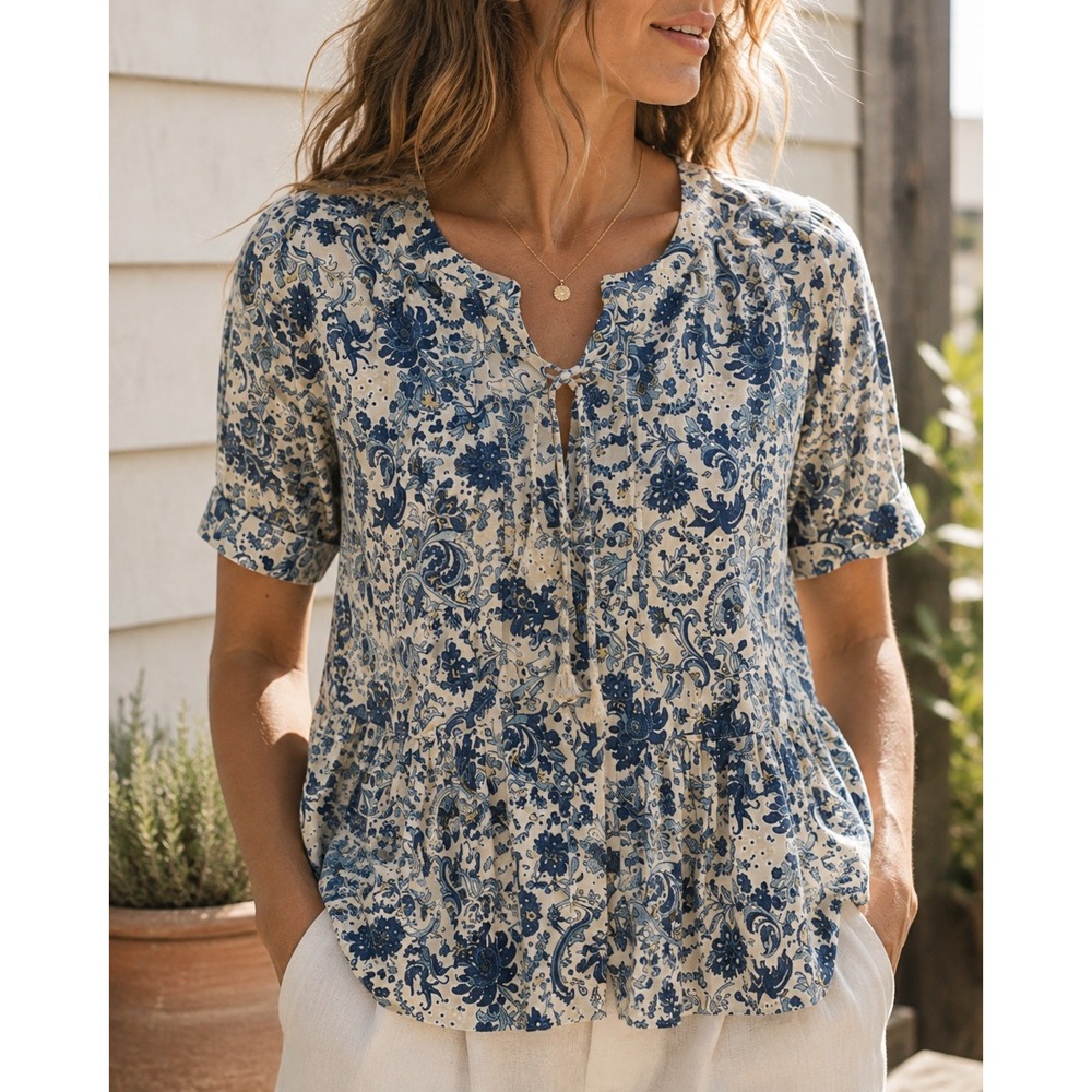 Faherty Salinas 100% Linen Floral Lace-Up Peplum Boho Beach Top XS Blue
